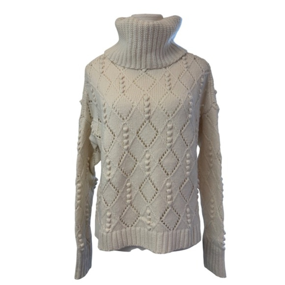 LOFT Ivory Bobble Pointelle Diamond Knit Turtleneck Wool Sweater Small Cozy